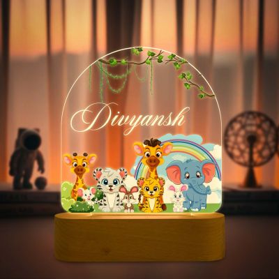 Personalized Cute Animal Theme LED Night Lamp with Warm White Light & Wooden Stand Jungle Safari Animals Light Kids Room Bedside Lamp Gift for Kids Boy & Girls Birthday Return Gift